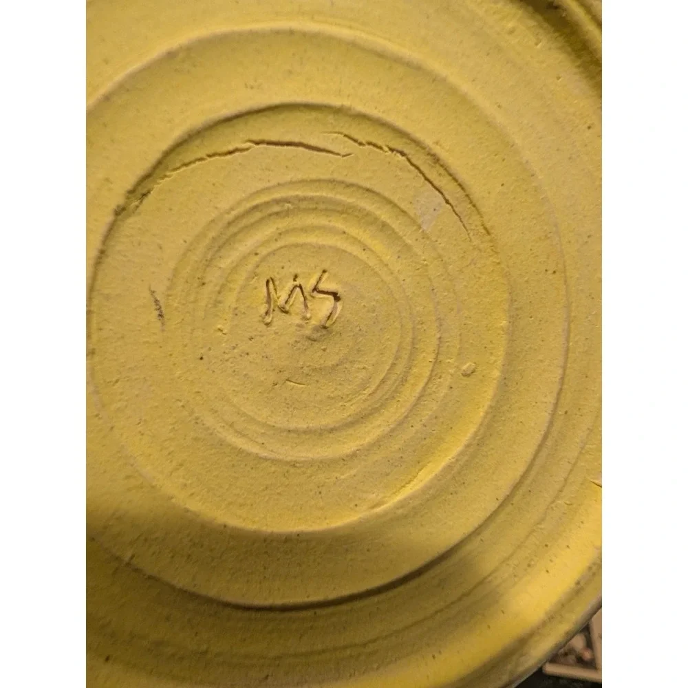 Mary's Pots Studio Pottery Lidded Jar‎ Cream Yellow Teal Hand Thrown Signed MS